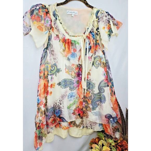 Pretty Angel Gypsy Size S Small Top Floral Lace Fringe Silk Boho Womens Shirt - Picture 6 of 8